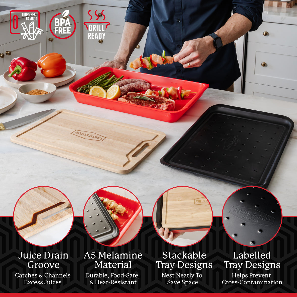 Avieus Grill Prep & Serving Trays with Bamboo Cutting Board