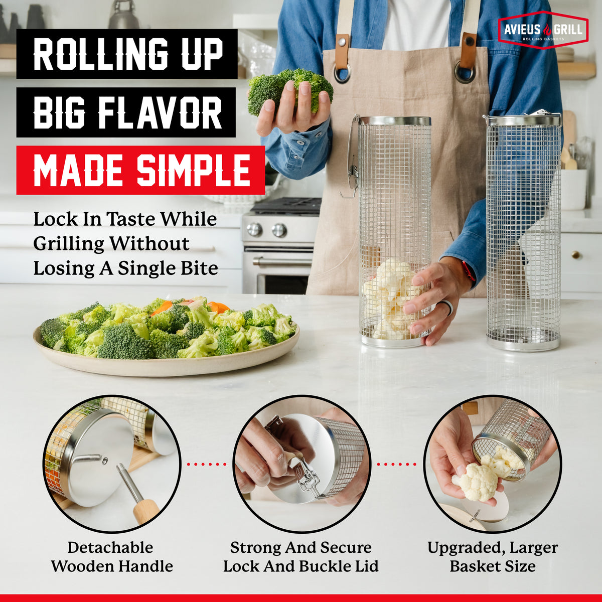 Avieus Grill Rolling Baskets With Handles Set
