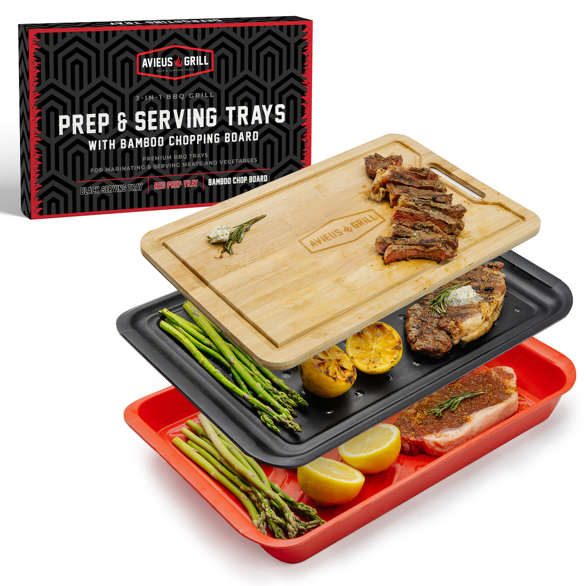 Avieus Grill Prep & Serving Trays with Bamboo Cutting Board