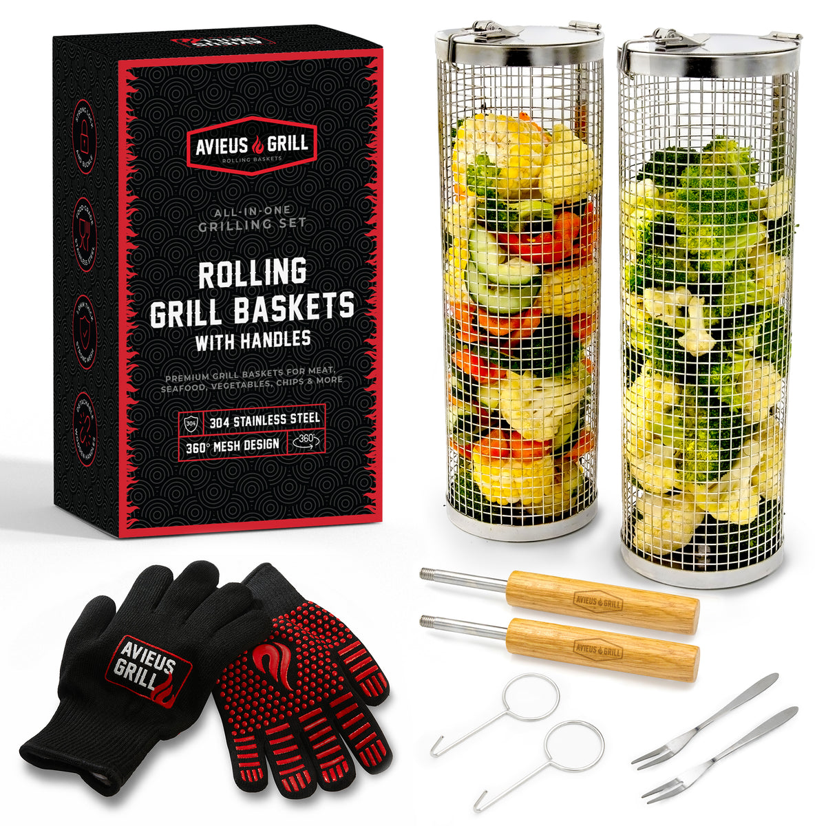 Avieus Grill Rolling Baskets With Handles Set